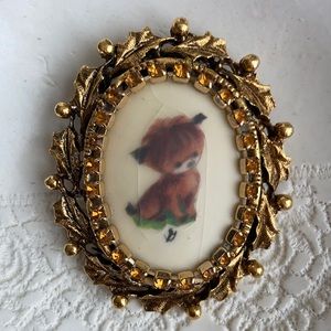 Puppy Pin Brooch Rhinestone Gold